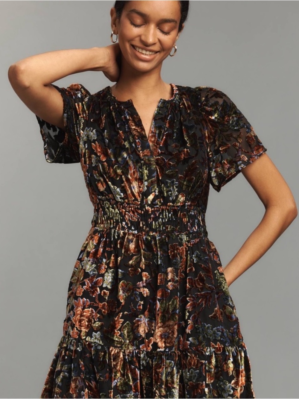 Anthropologie Black Floral Velvet Midi Dress